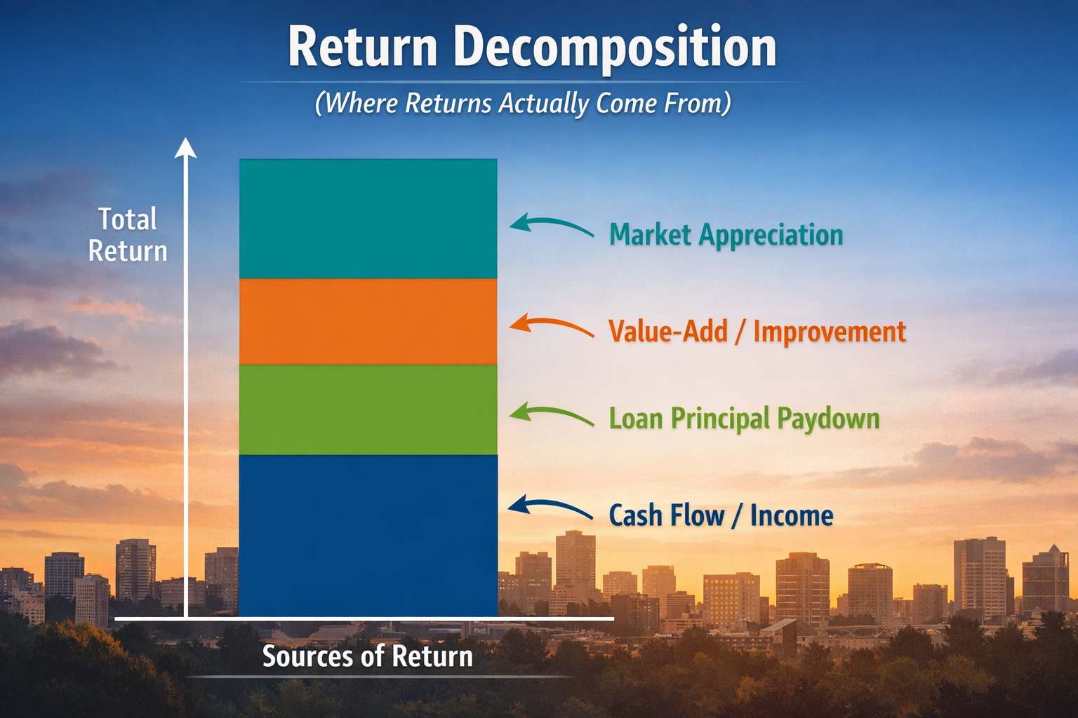 Asset repricing mechanism — how occupancy stabilization and cap rate compression interact to produce outsized total returns in revitalization strategies