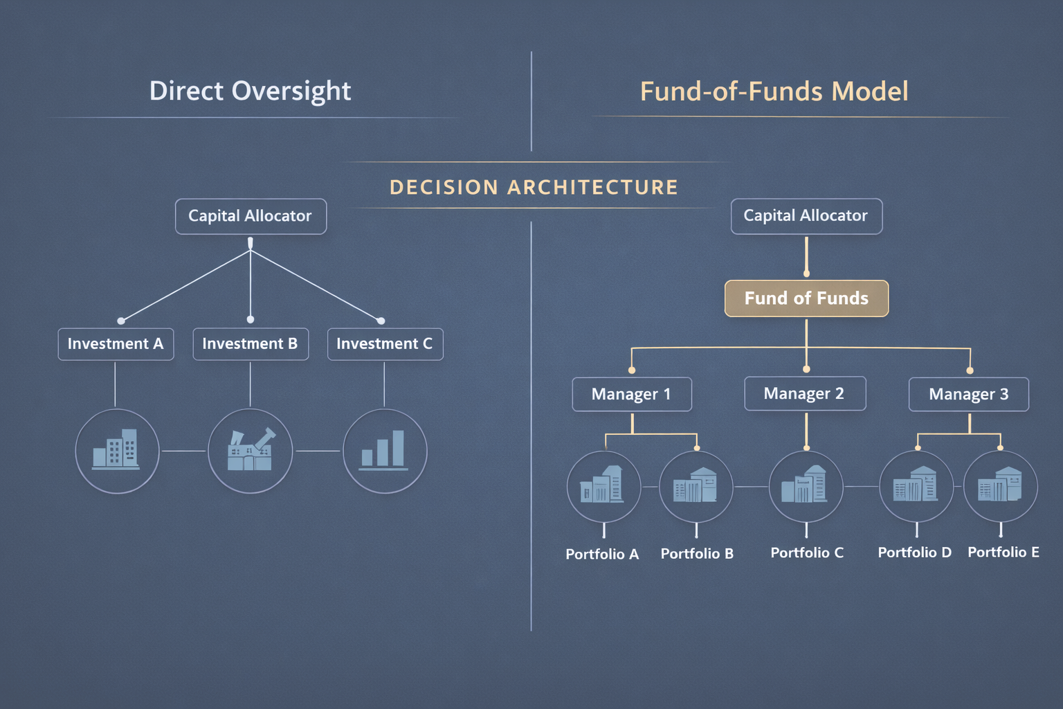 Diagram comparing direct operator oversight vs. fund-of-funds structure across fee drag, governance authority, and incentive alignment