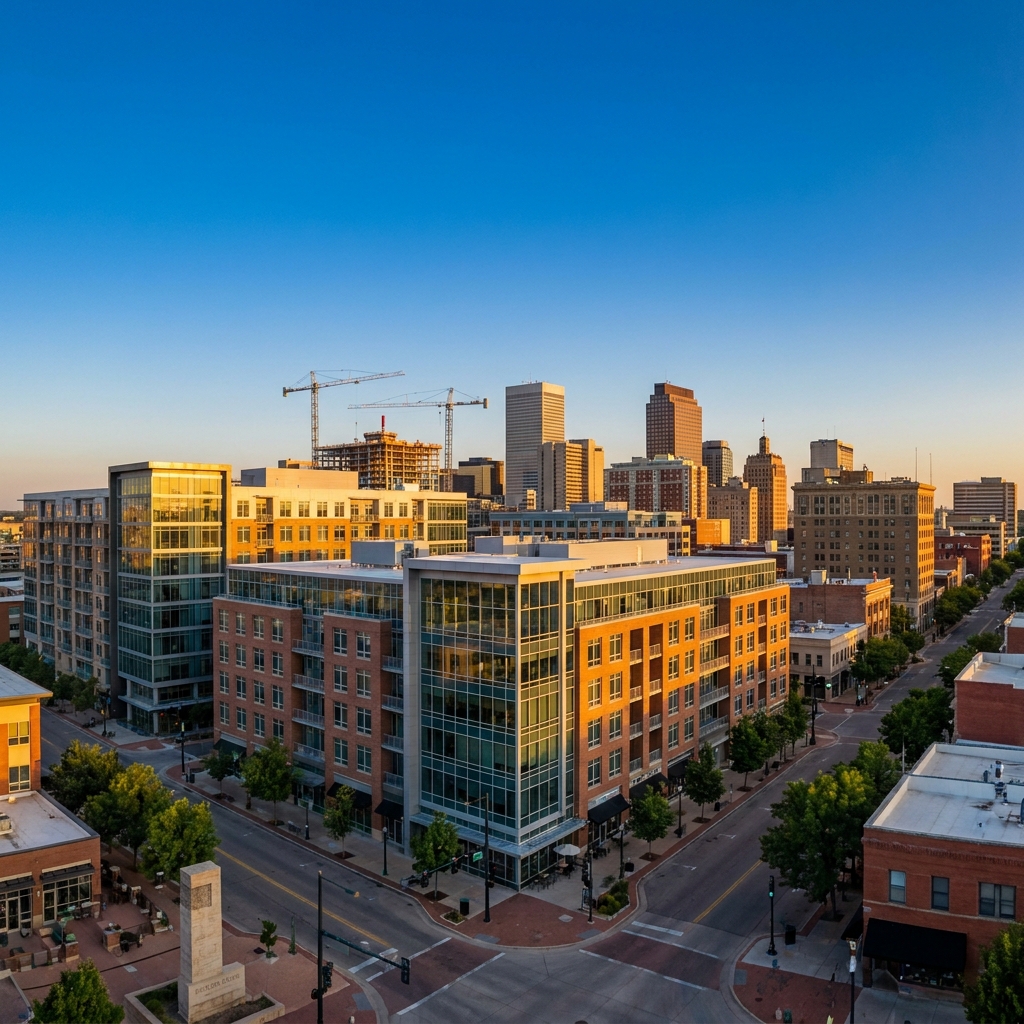 Modern mid-size Sun Belt city downtown skyline at golden hour — representing Tier-2 market growth opportunity overlooked by institutional capital